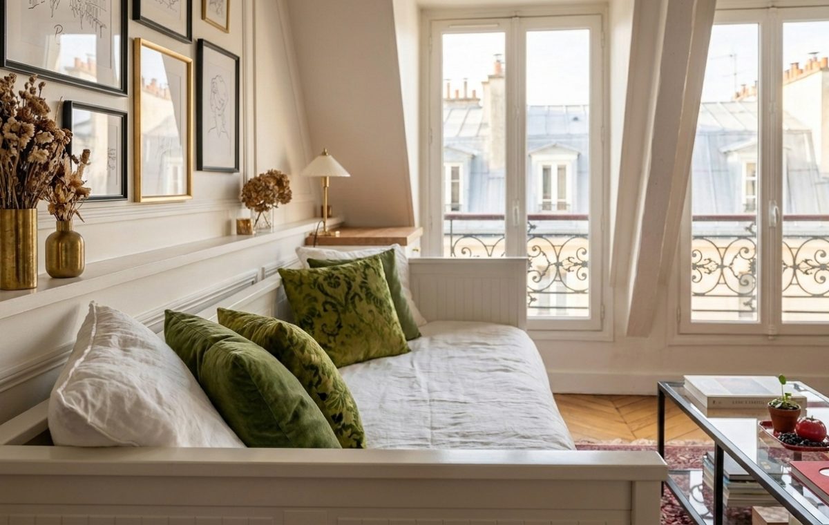 Cozy living room corner featuring a white daybed styled with olive green velvet cushions and natural linen pillows.