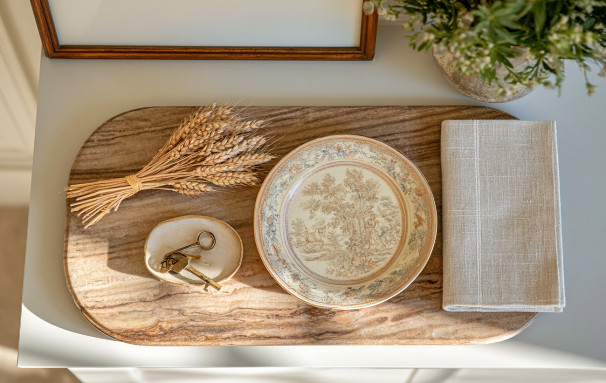 Entryway drop zone styling featuring a wooden tray, keys in a ceramic bowl, and dried wheat.