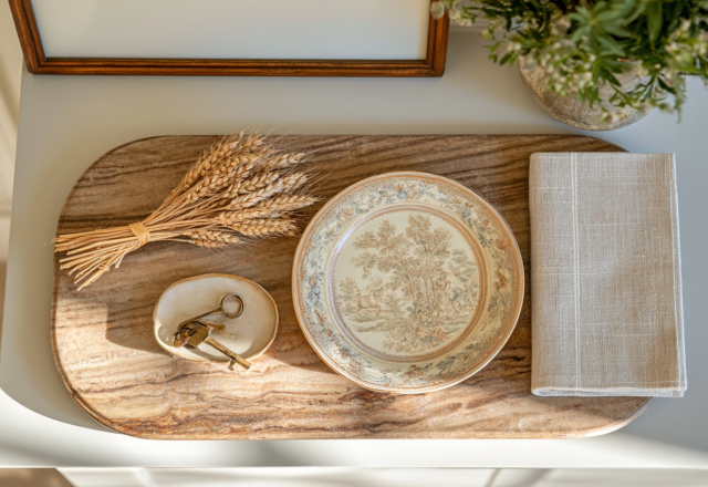 Entryway drop zone styling featuring a wooden tray, keys in a ceramic bowl, and dried wheat.