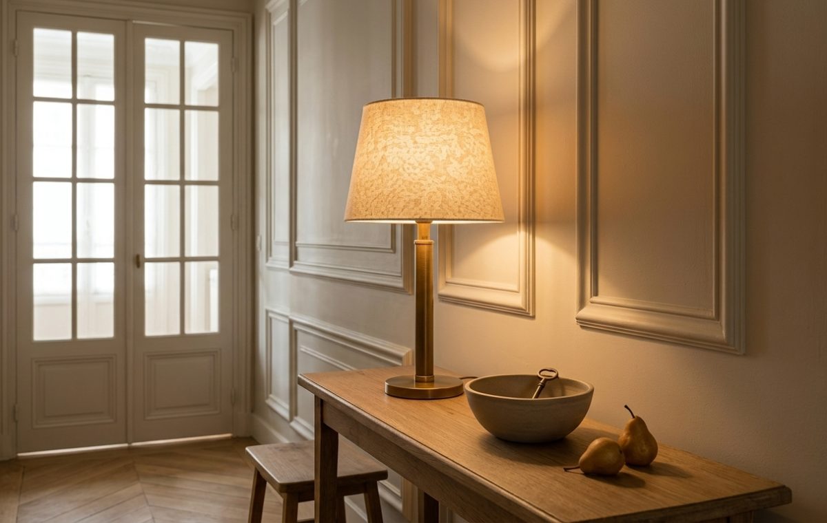 A warm brass table lamp on a wooden console table illuminating a classic hallway interior.