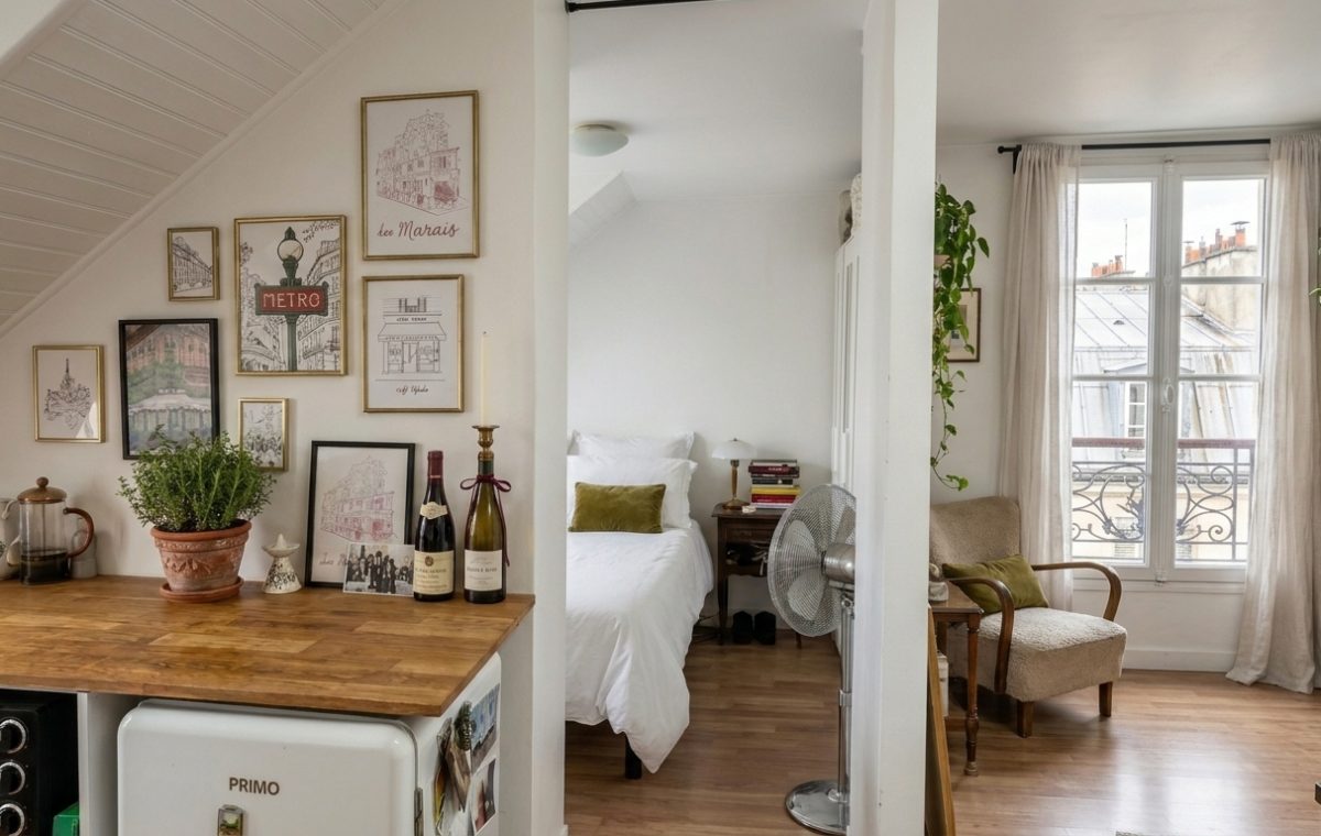 Bright small studio layout featuring an open kitchen, partitioned bedroom alcove, and sunlit sitting area.