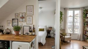 Bright small studio layout featuring an open kitchen, partitioned bedroom alcove, and sunlit sitting area.