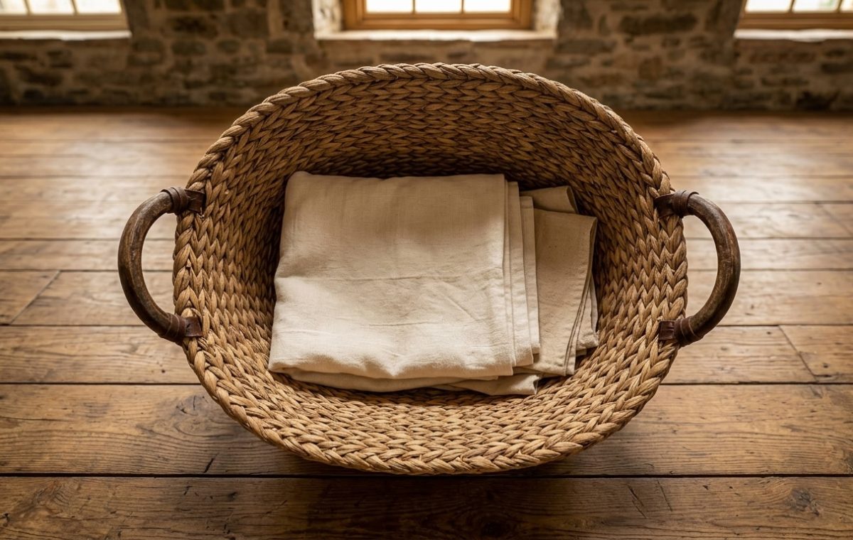 A large woven laundry basket with leather handles holding folded linen on rustic wood flooring.