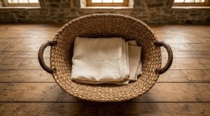 A large woven laundry basket with leather handles holding folded linen on rustic wood flooring.