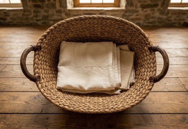 A large woven laundry basket with leather handles holding folded linen on rustic wood flooring.
