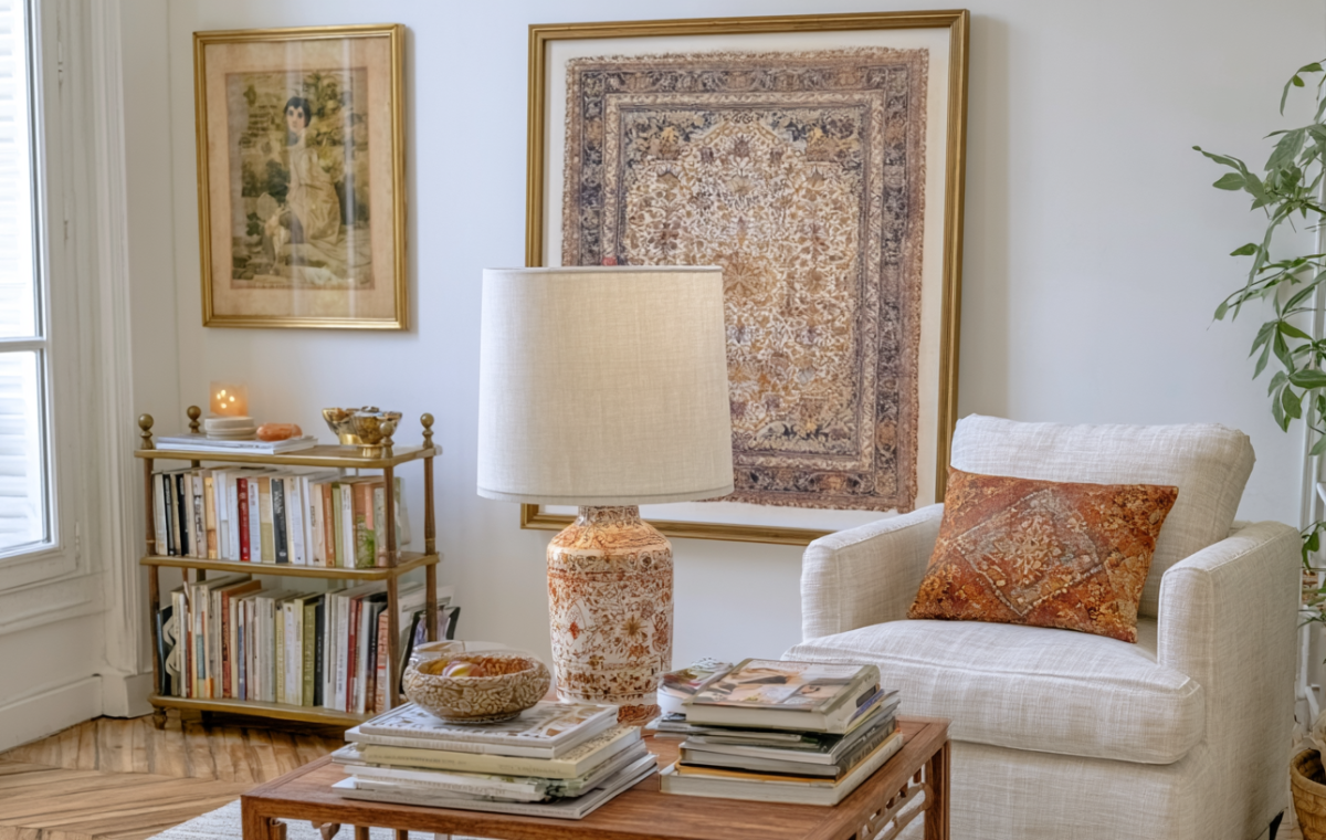 Living room bookshelf styling with brass shelving unit and ceramic table lamp
