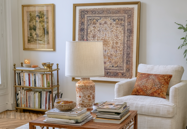 Living room bookshelf styling with brass shelving unit and ceramic table lamp
