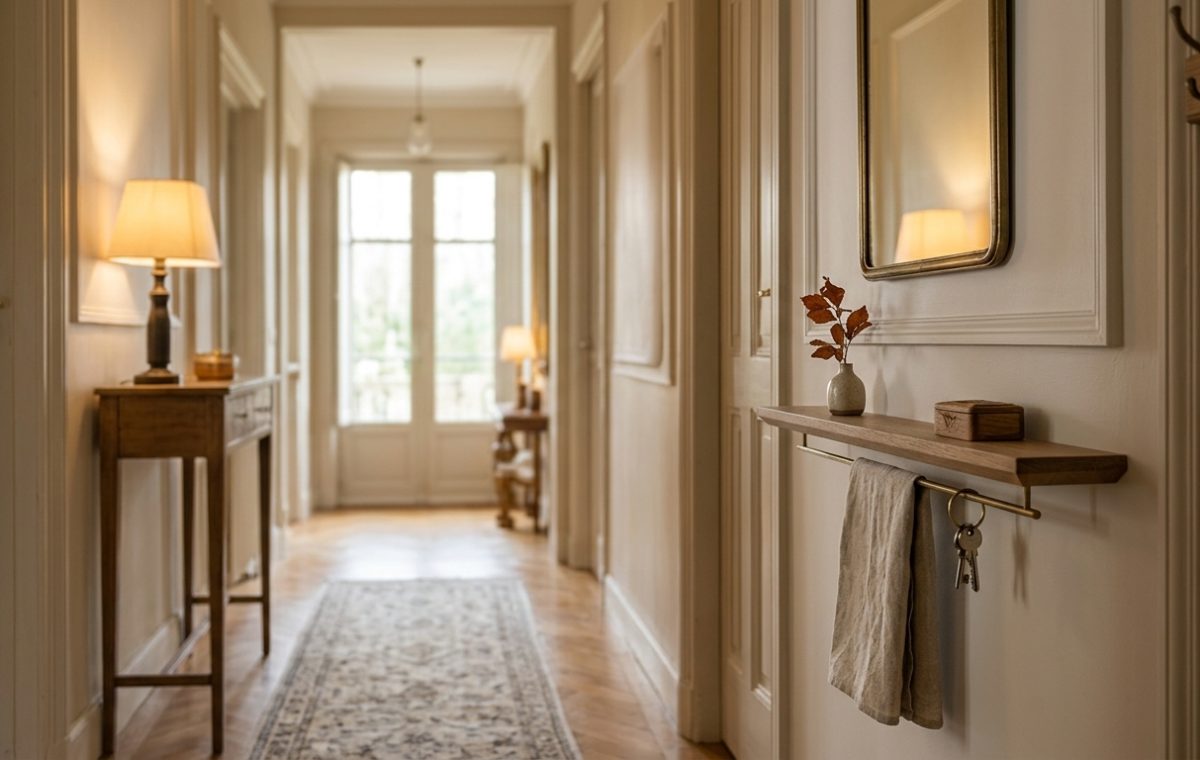 Warm and elegant narrow hallway design featuring a floating wooden key ledge, console table, and patterned runner rug