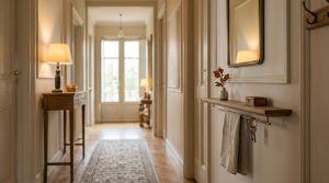 Warm and elegant narrow hallway design featuring a floating wooden key ledge, console table, and patterned runner rug
