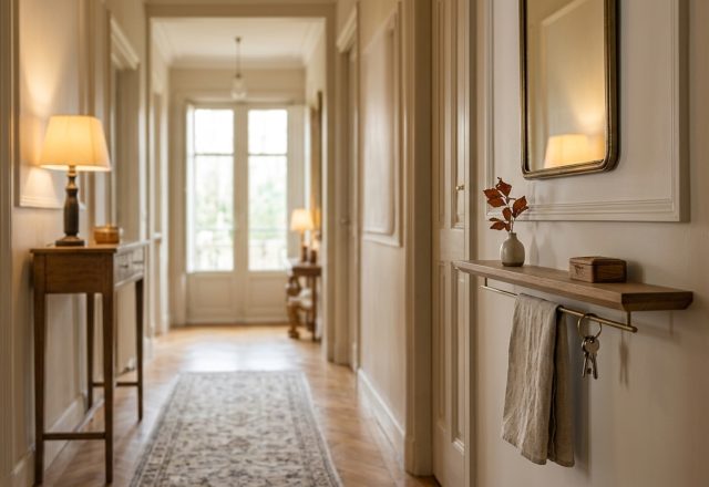 Warm and elegant narrow hallway design featuring a floating wooden key ledge, console table, and patterned runner rug