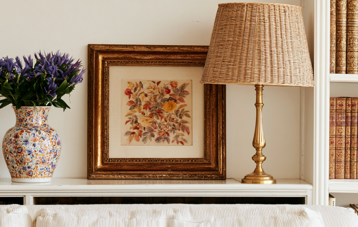 Shelf styling ideas featuring a framed botanical print, brass lamp with wicker shade, and a floral vase in a living room.