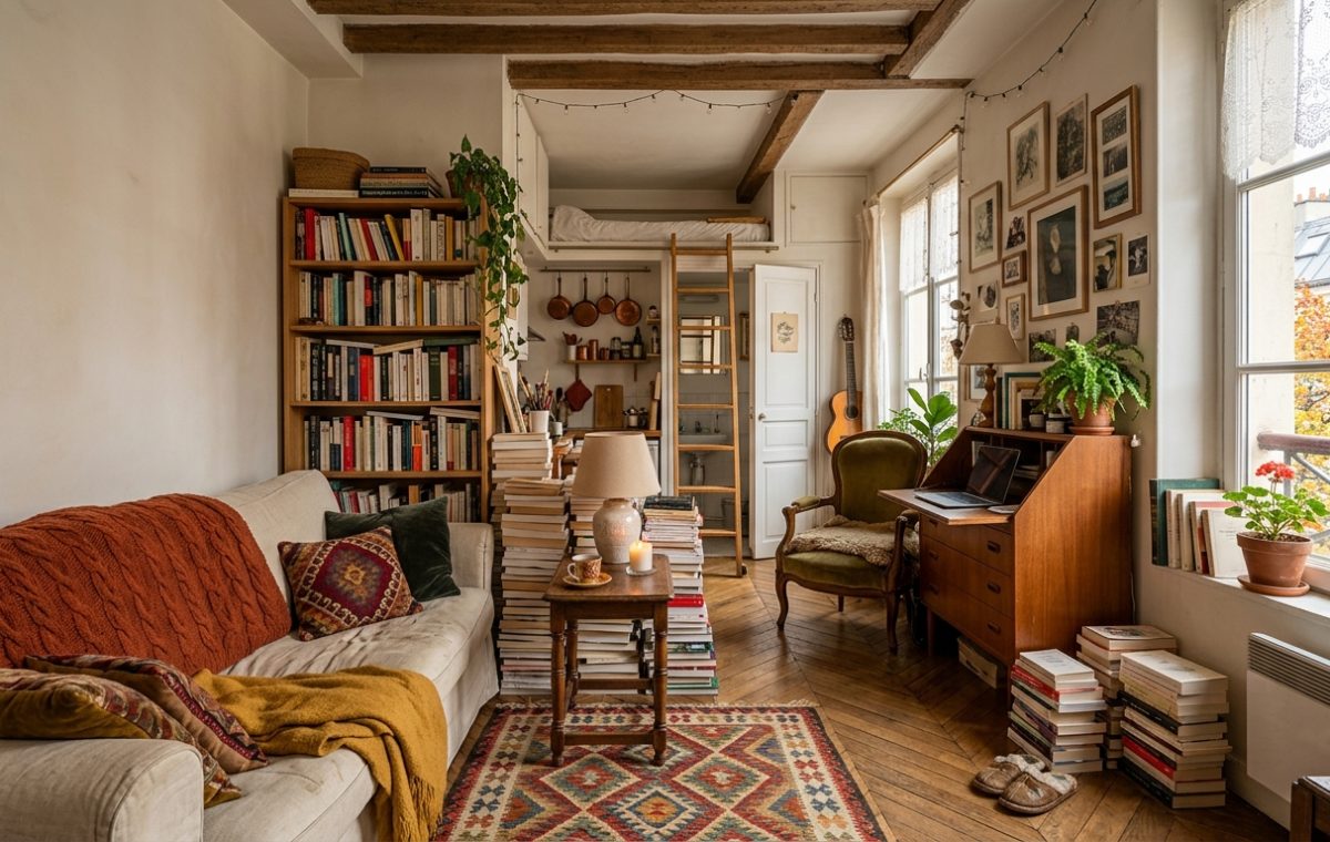 Cozy small apartment bookshelf design featuring floor-to-ceiling wooden shelves and vertical book stacks