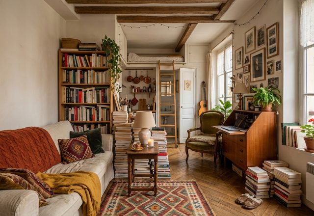 Cozy small apartment bookshelf design featuring floor-to-ceiling wooden shelves and vertical book stacks