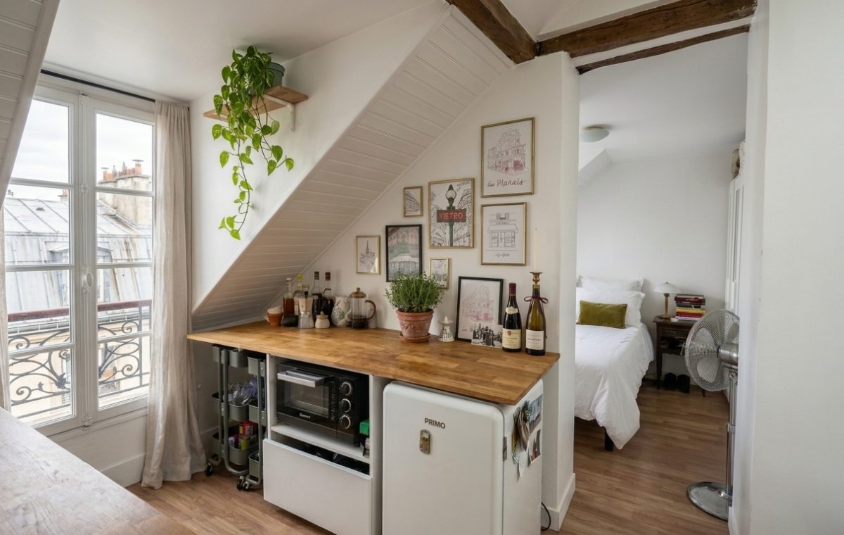A clever small attic kitchen layout featuring a wooden countertop, under-counter fridge, and slanted white walls.