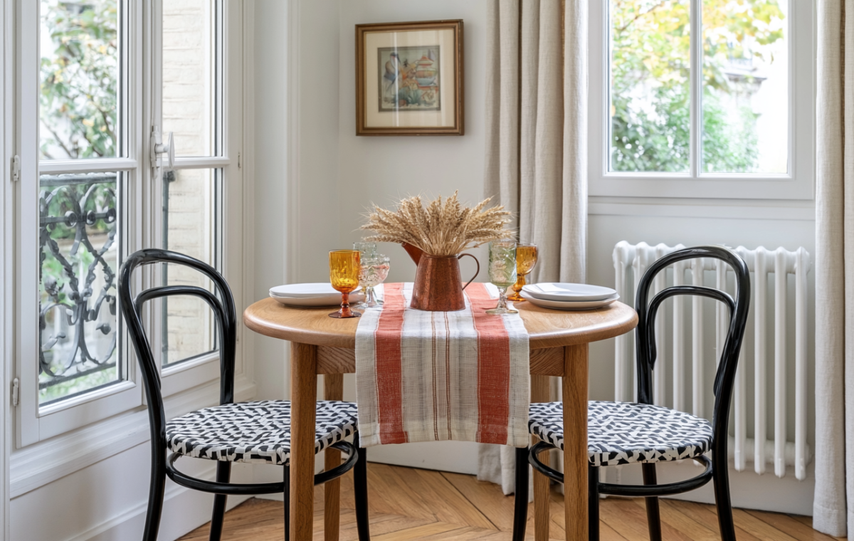 A cozy small dining nook with a round wooden table, black chairs, and a copper vase filled with wheat.