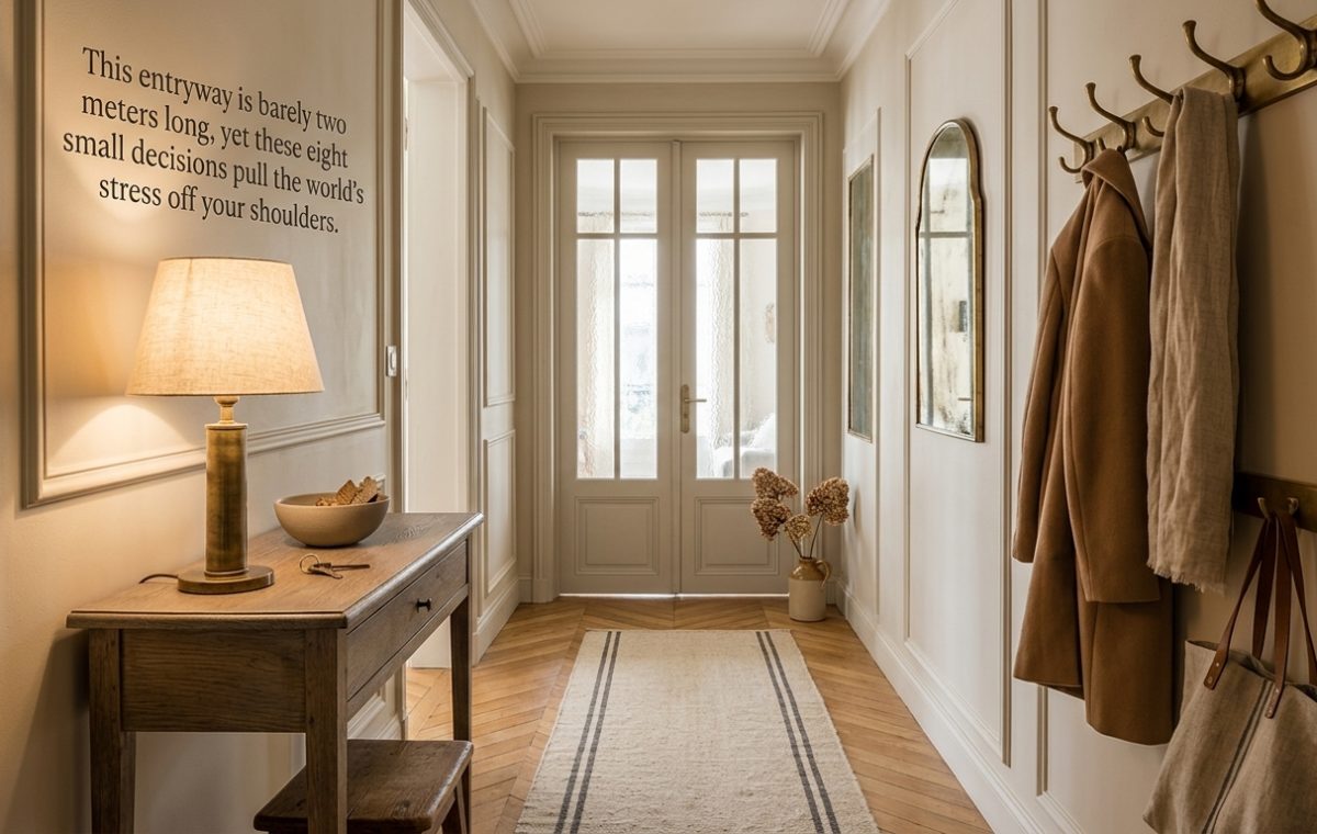A warm and minimalist small entryway featuring a wooden console table, brass lamp, and coat hooks.