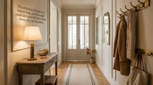 A warm and minimalist small entryway featuring a wooden console table, brass lamp, and coat hooks.