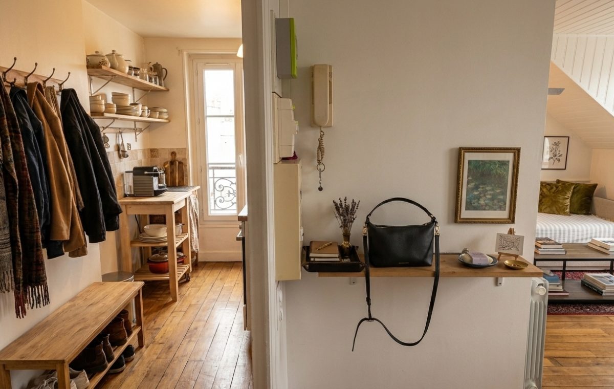 Small entryway organization featuring a wooden coat rack, shoe bench, and a floating shelf in a narrow hallway