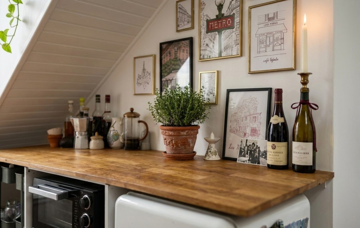 A cozy small kitchen layout featuring wooden countertops, framed wall art, and an under-counter microwave in an attic space.