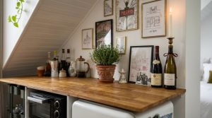 A cozy small kitchen layout featuring wooden countertops, framed wall art, and an under-counter microwave in an attic space.