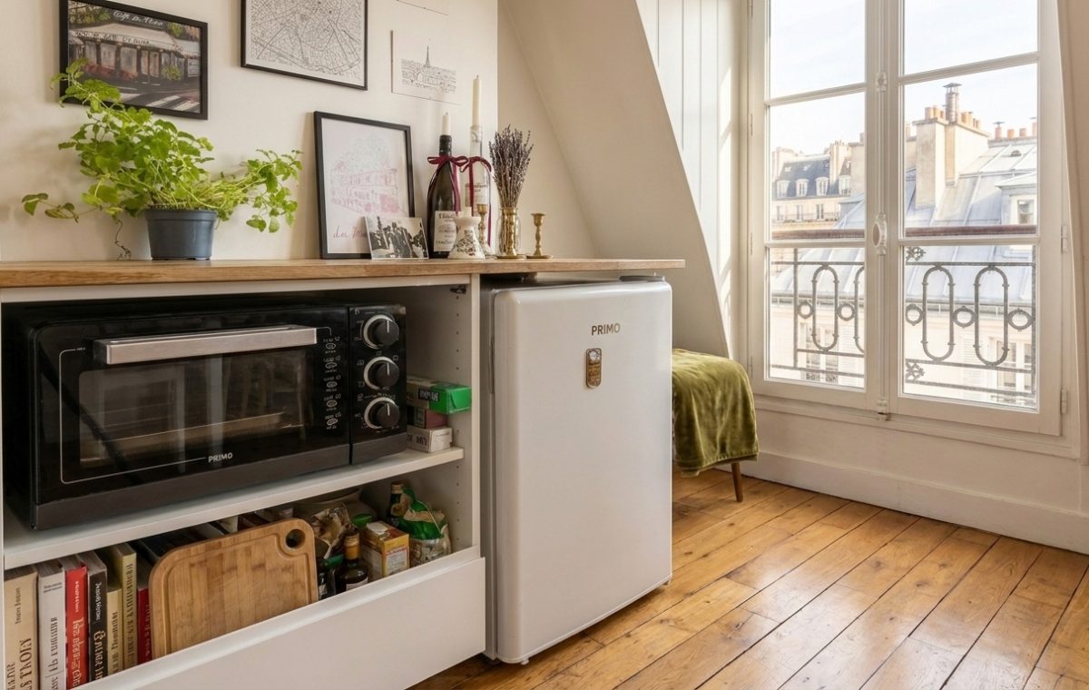 A smart small kitchen layout featuring a compact oven, mini fridge, and wooden countertop beneath an attic window.