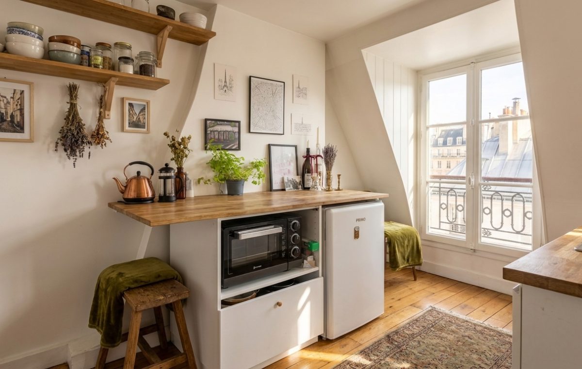 Bright small kitchen layout featuring open wooden shelves, a built-in microwave station, and a dormer window.