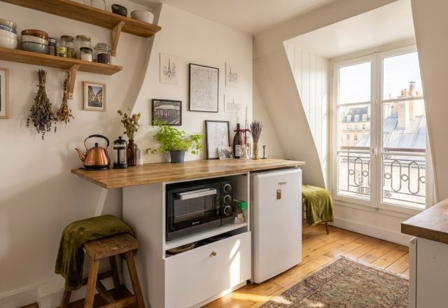 Bright small kitchen layout featuring open wooden shelves, a built-in microwave station, and a dormer window.