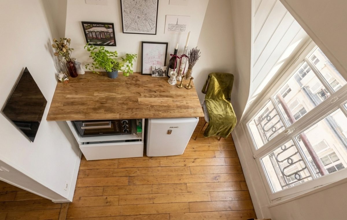 A clever small kitchen layout featuring a wooden countertop over a compact fridge, microwave, and bright window.