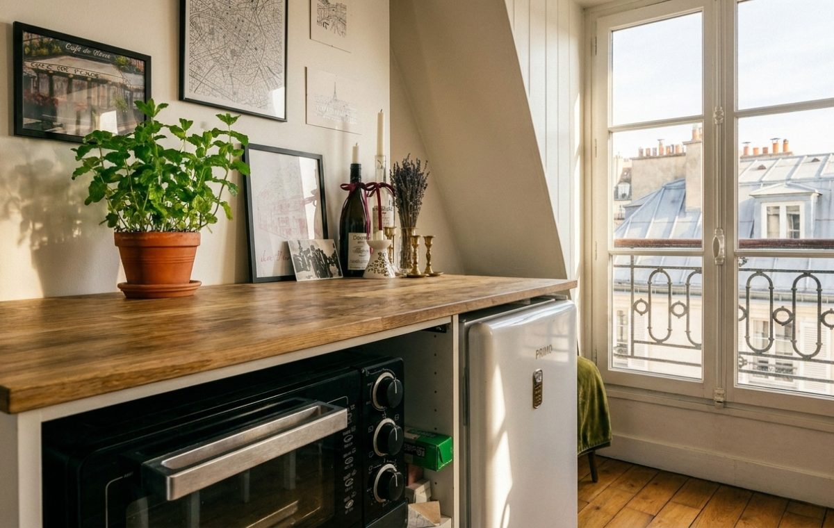 A bright small kitchenette design featuring wood countertops, white mini fridge, and fresh herbs.