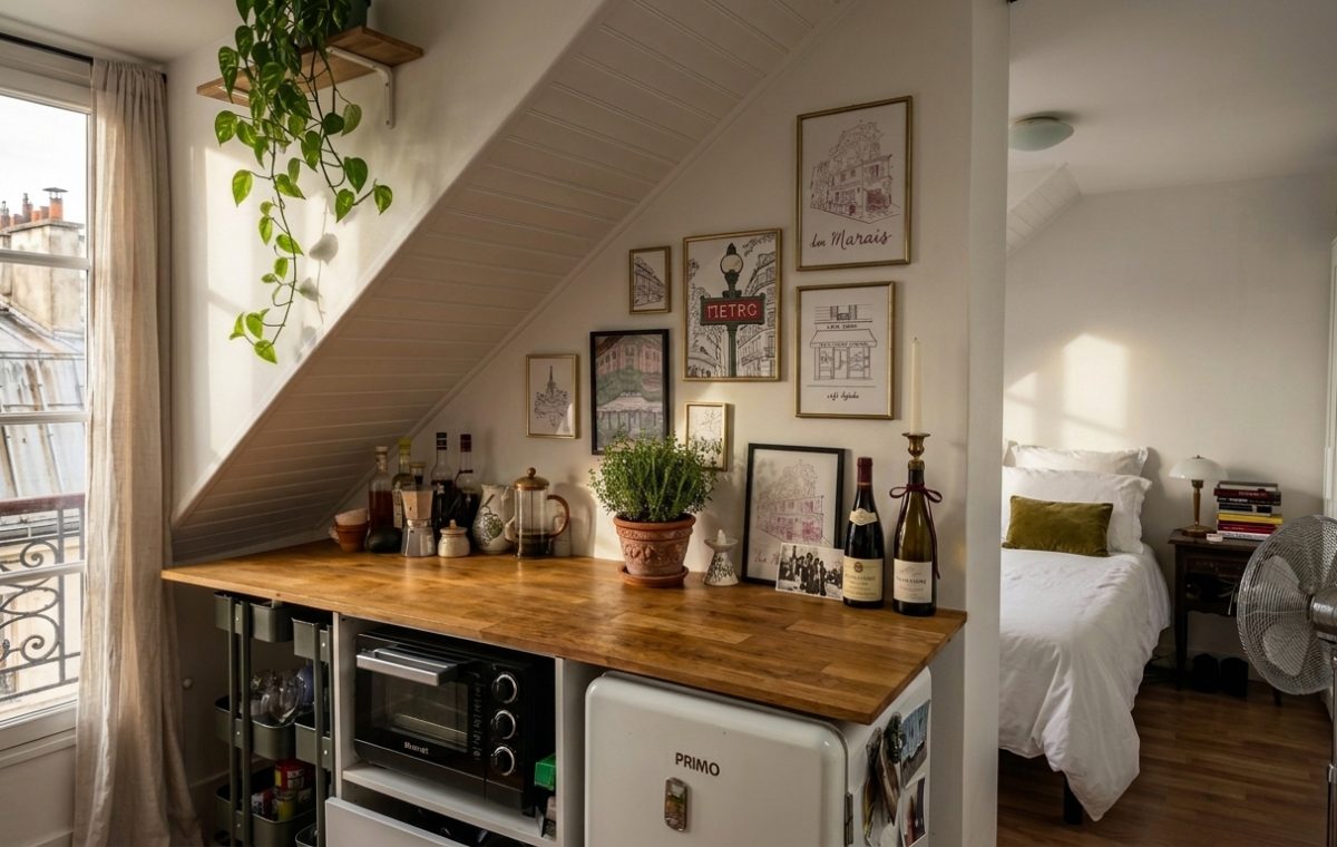 A clever small kitchenette layout featuring a wooden countertop, mini fridge, and toaster oven tucked beneath a sloped attic ceiling.
