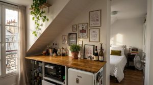 A clever small kitchenette layout featuring a wooden countertop, mini fridge, and toaster oven tucked beneath a sloped attic ceiling.