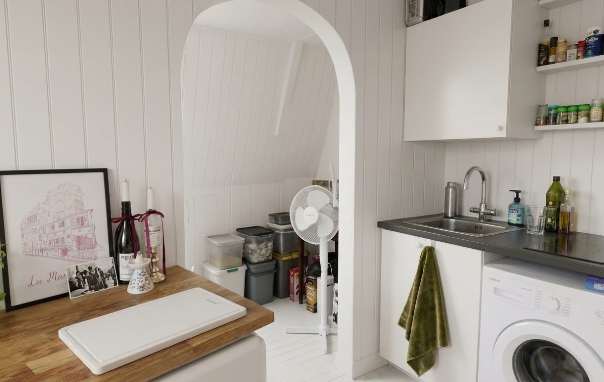 Compact small laundry room layout featuring a washer next to a kitchen sink under floating shelves