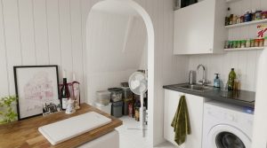 Compact small laundry room layout featuring a washer next to a kitchen sink under floating shelves