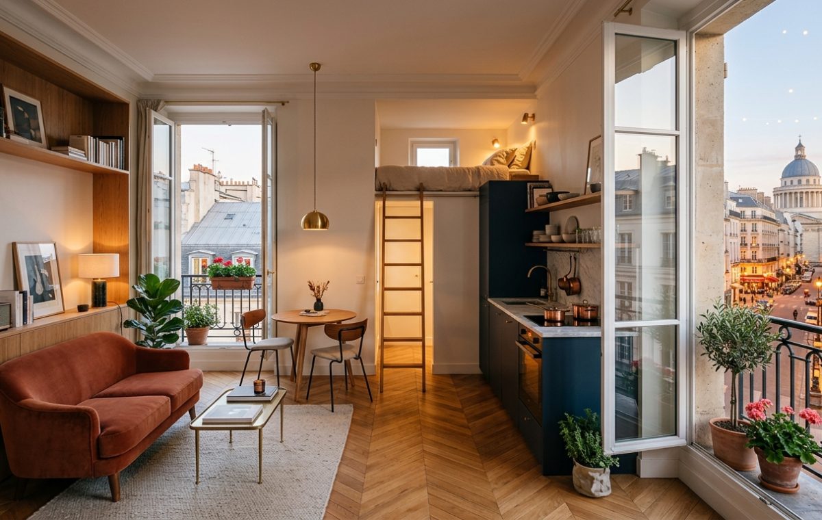 Bright small studio apartment design featuring a loft bed, navy kitchen, and rust-colored sofa overlooking a city street.