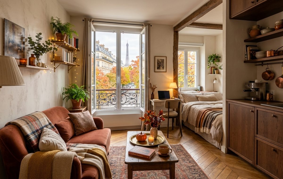 Warmly lit small studio apartment design featuring a rust sofa, open kitchen, and a bed alcove with a city view.