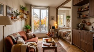 Warmly lit small studio apartment design featuring a rust sofa, open kitchen, and a bed alcove with a city view.
