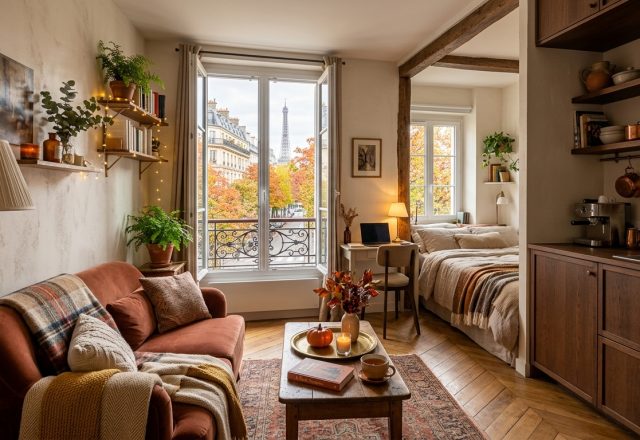 Warmly lit small studio apartment design featuring a rust sofa, open kitchen, and a bed alcove with a city view.