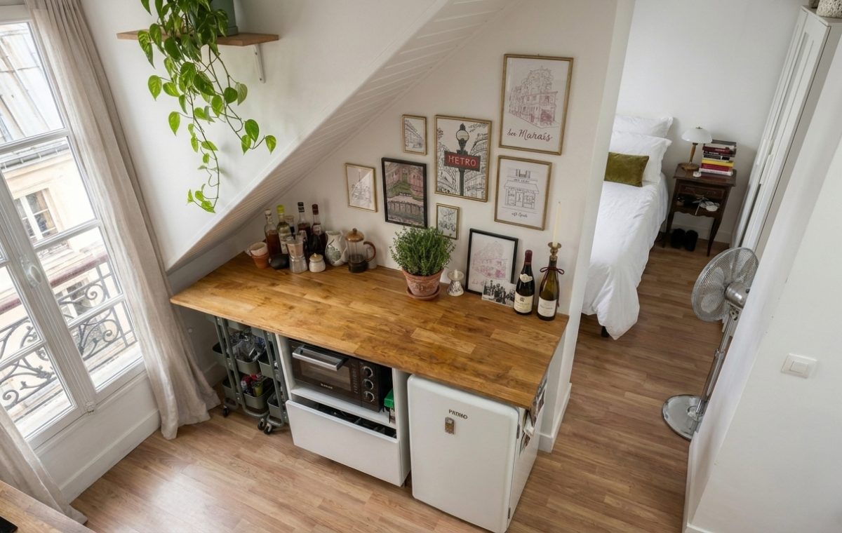 A smart small studio kitchen layout featuring a wooden counter under-stair, mini fridge, and rolling storage carts.