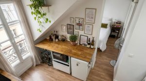 A smart small studio kitchen layout featuring a wooden counter under-stair, mini fridge, and rolling storage carts.