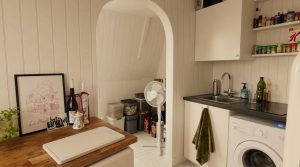 Bright small utility room design featuring white panel walls, compact laundry appliances, and open shelving.
