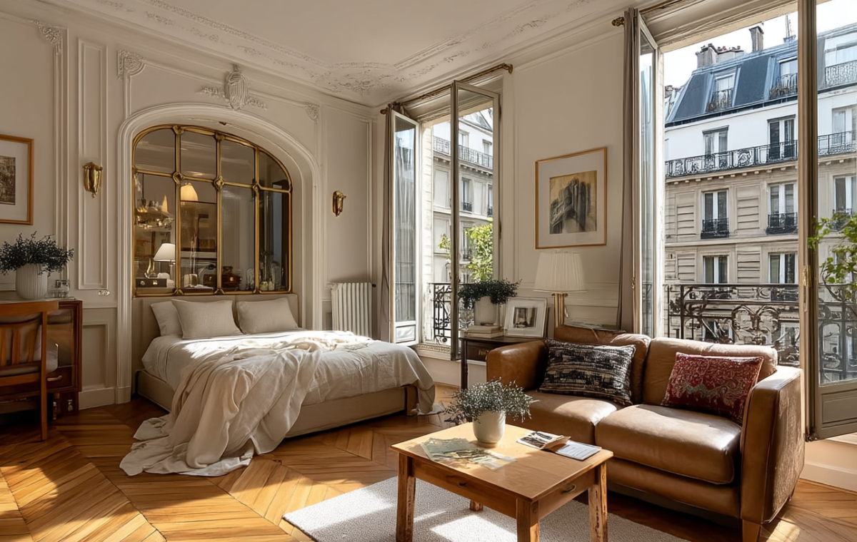 Bright studio apartment interior featuring an antique mirror partition, leather sofa, and herringbone floors.