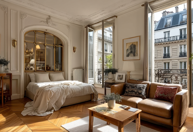 Bright studio apartment interior featuring an antique mirror partition, leather sofa, and herringbone floors.