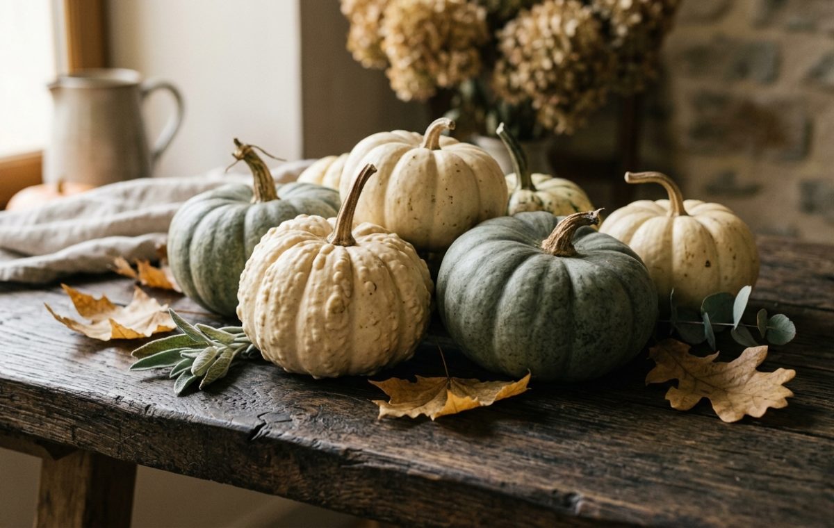 autumn centerpiece ideas featuring heirloom pumpkins on a rustic wooden table
