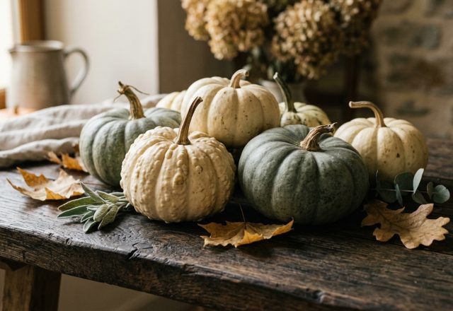 autumn centerpiece ideas featuring heirloom pumpkins on a rustic wooden table