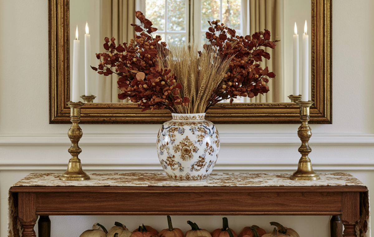 Autumn console table decor featuring dried foliage in a ceramic vase and brass candlesticks
