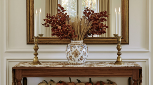 Autumn console table decor featuring dried foliage in a ceramic vase and brass candlesticks