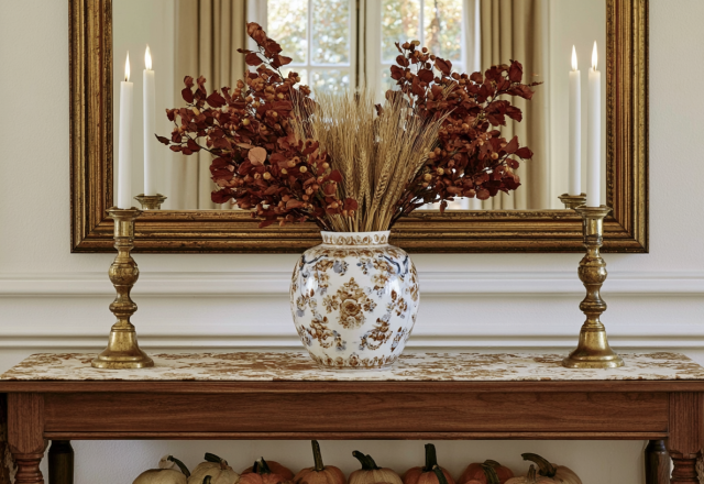 Autumn console table decor featuring dried foliage in a ceramic vase and brass candlesticks