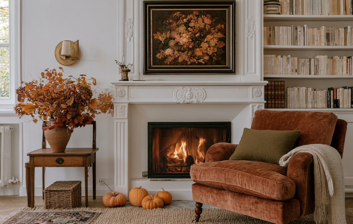 Cozy living room featuring autumn fireplace mantel decor, rust velvet armchair, and seasonal foliage.