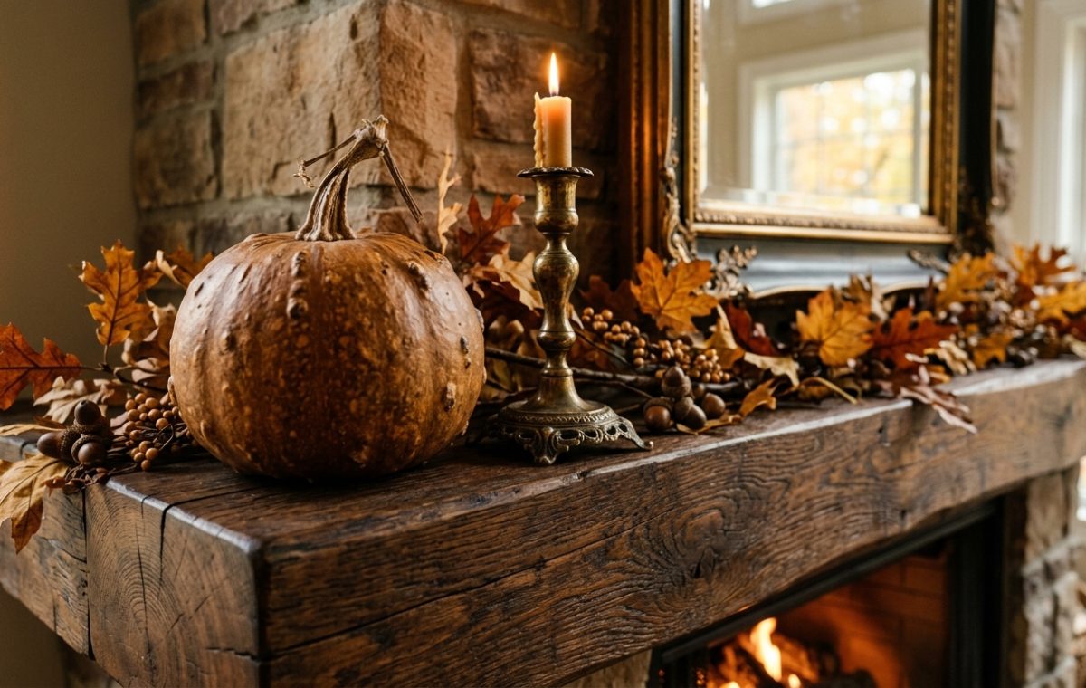 Warm autumn mantel decor featuring a rustic pumpkin, brass candlestick, and fall foliage garland on a stone fireplace with a wood beam.