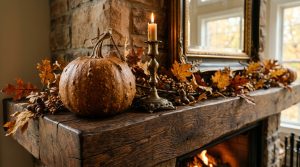 Warm autumn mantel decor featuring a rustic pumpkin, brass candlestick, and fall foliage garland on a stone fireplace with a wood beam.